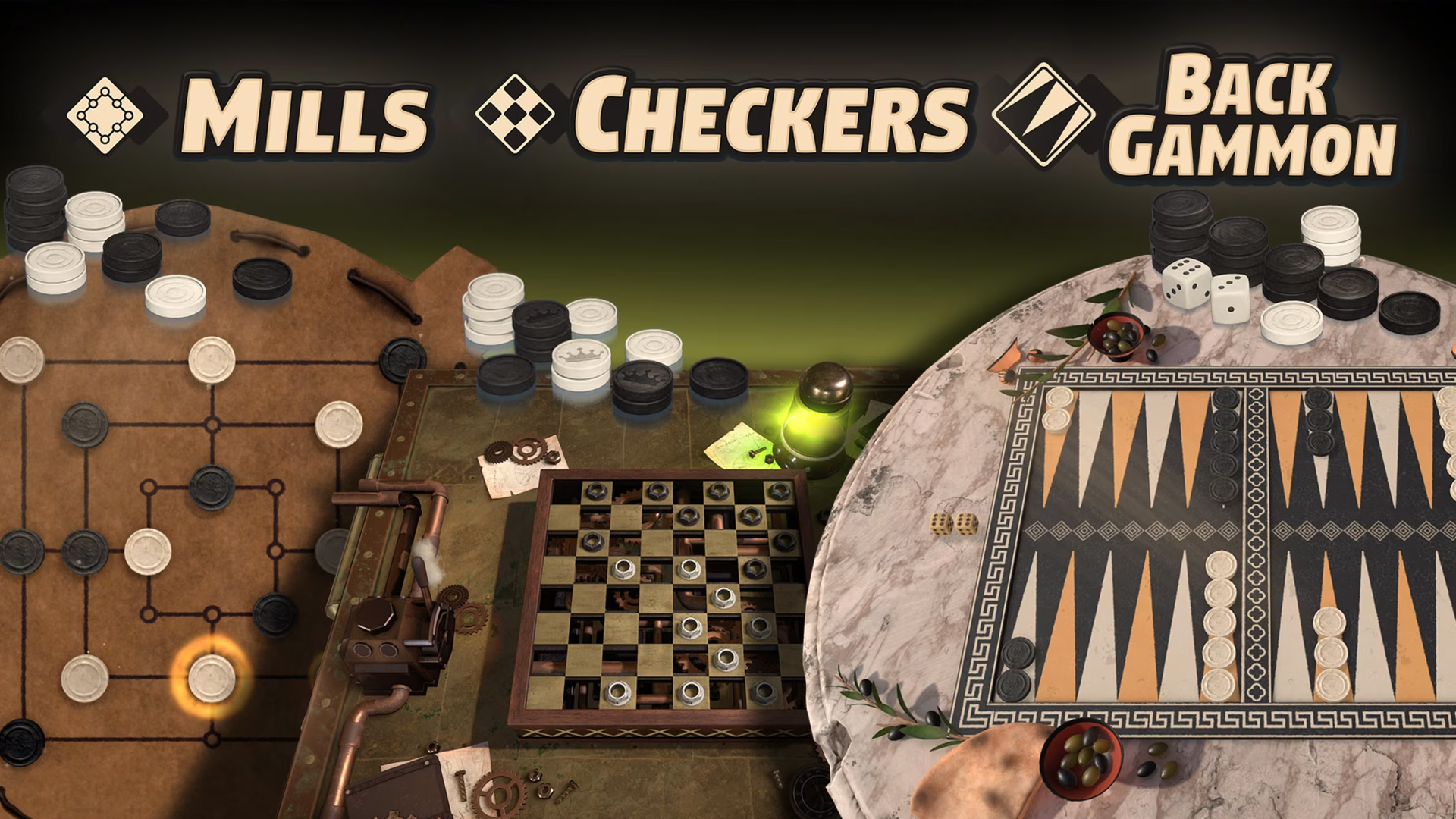 Backgammon + Checkers + Mills