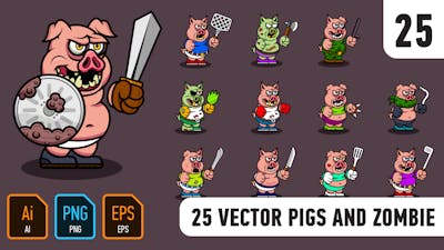 25 vector pigs and zombie